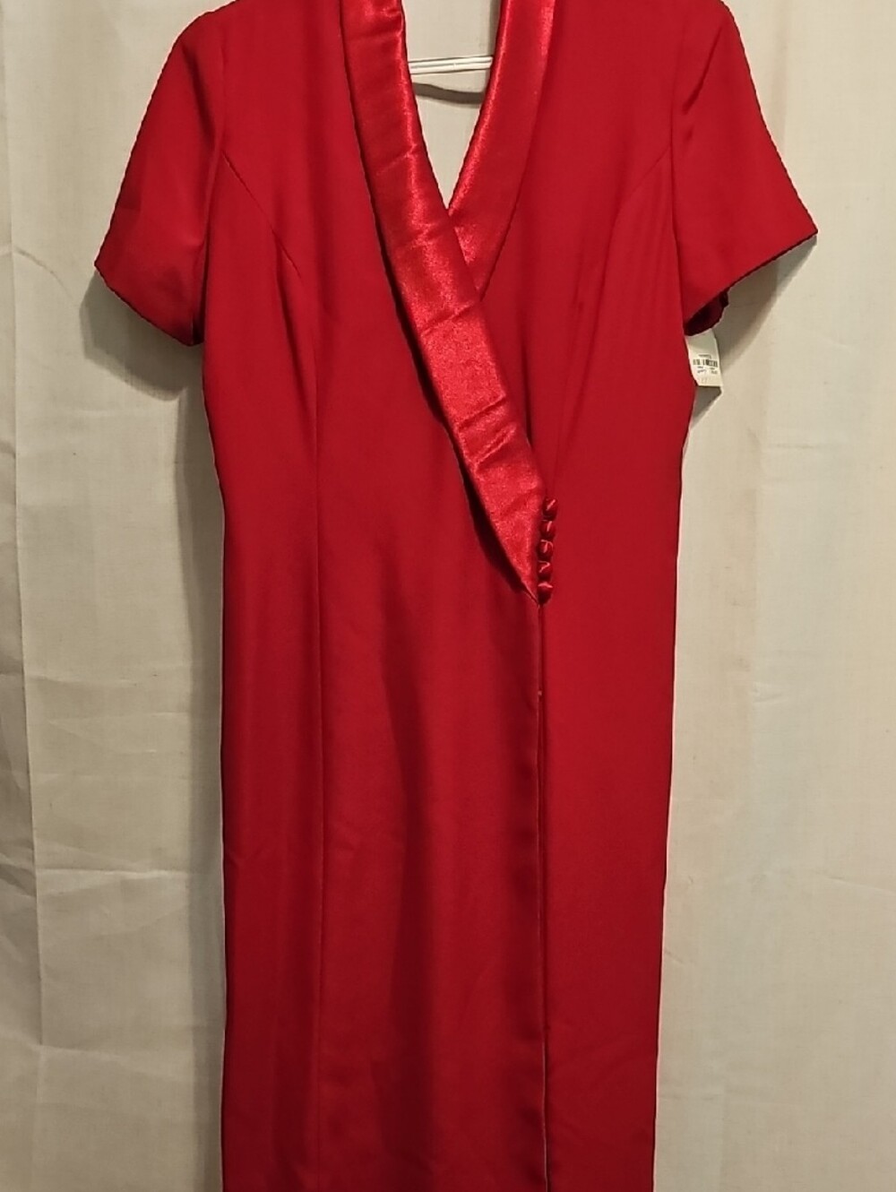 90's Vintage Maggy London Red Satin-Trim Short Sleeve Wrap Dress